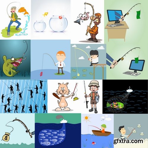 Collection of vector image conceptual business fishing fishing pole hook fish Toon 25 Eps