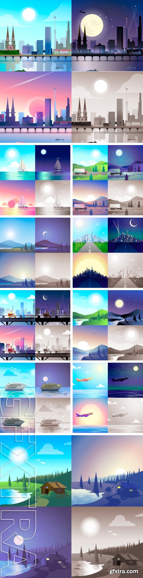 Stock Vectors - Stylish web banner landscape collection. Daylight, night moonlight, sunset view, retro vintage picture sepia