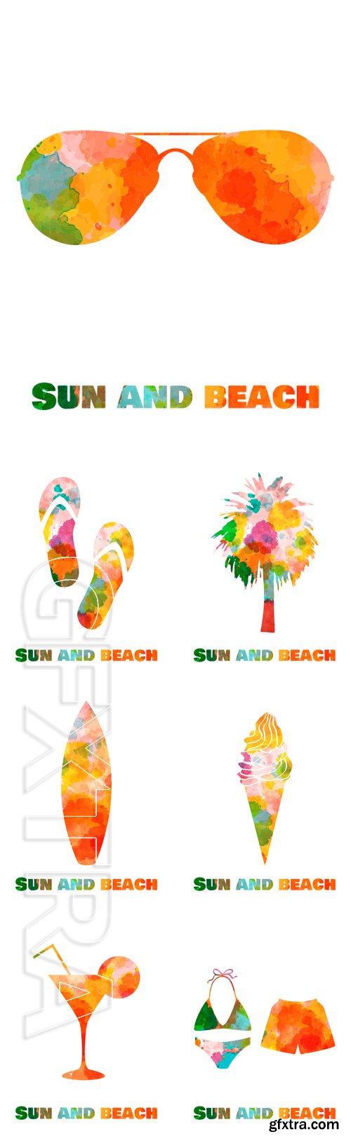 Stock Vectors - Sun and beach. Watercolor summer vacation card. Hand drawn card background with tourism object