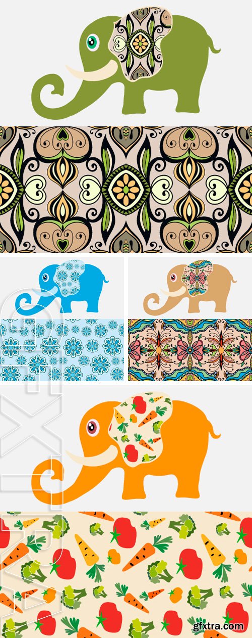 Stock Vectors - Vector fashion illustration. Cartoon elephant with seamless