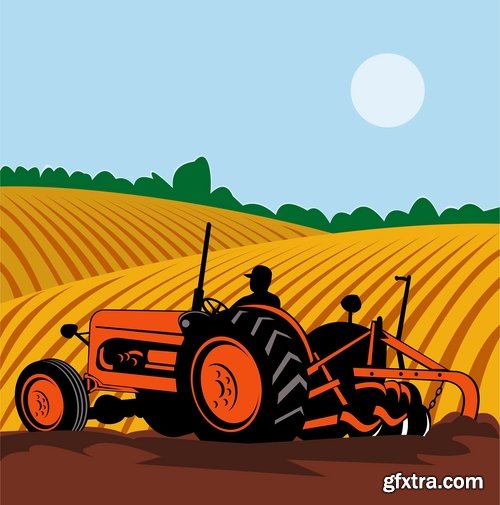 Collection of vector image tractor land cultivation farmer farm field 25 Eps