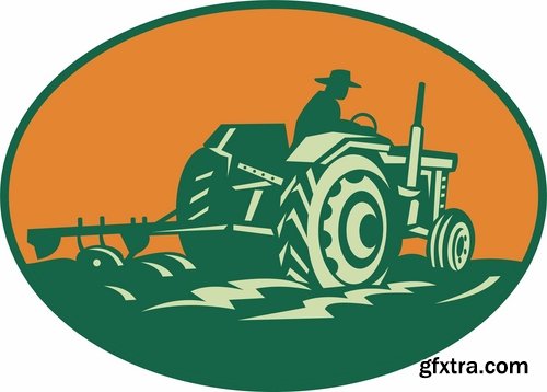 Collection of vector image tractor land cultivation farmer farm field 25 Eps