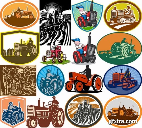 Collection of vector image tractor land cultivation farmer farm field 25 Eps