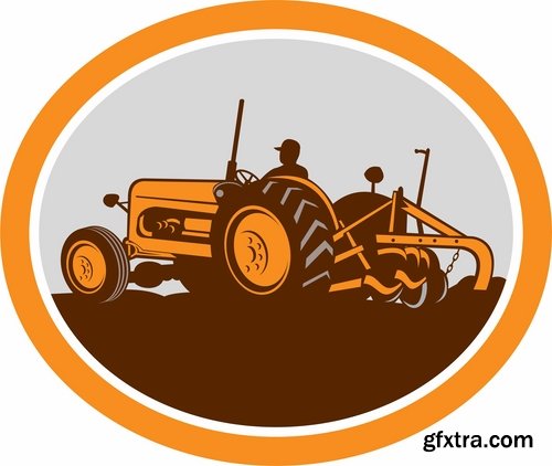 Collection of vector image tractor land cultivation farmer farm field 25 Eps