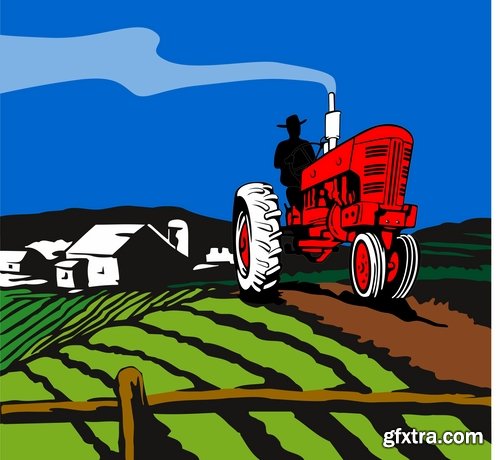 Collection of vector image tractor land cultivation farmer farm field 25 Eps