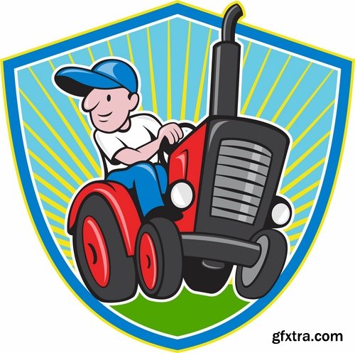 Collection of vector image tractor land cultivation farmer farm field 25 Eps