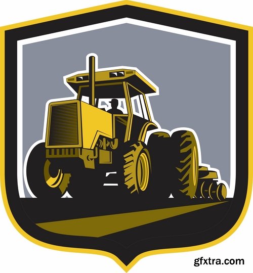 Collection of vector image tractor land cultivation farmer farm field 25 Eps