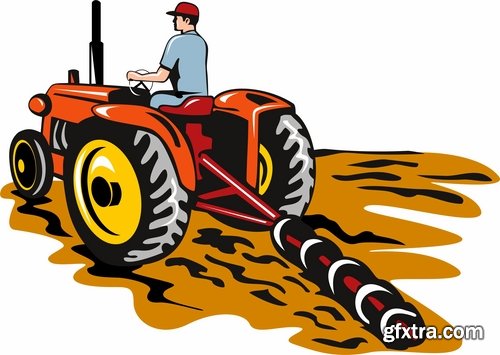 Collection of vector image tractor land cultivation farmer farm field 25 Eps