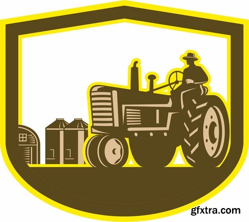 Collection of vector image tractor land cultivation farmer farm field 25 Eps