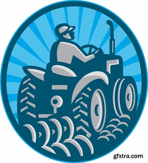 Collection of vector image tractor land cultivation farmer farm field 25 Eps