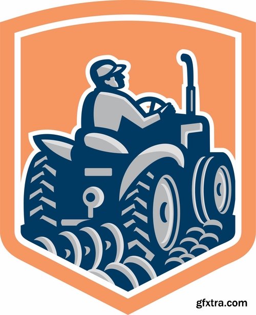 Collection of vector image tractor land cultivation farmer farm field 25 Eps