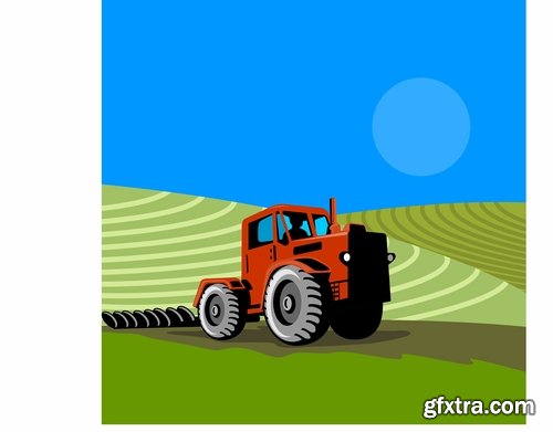 Collection of vector image tractor land cultivation farmer farm field 25 Eps