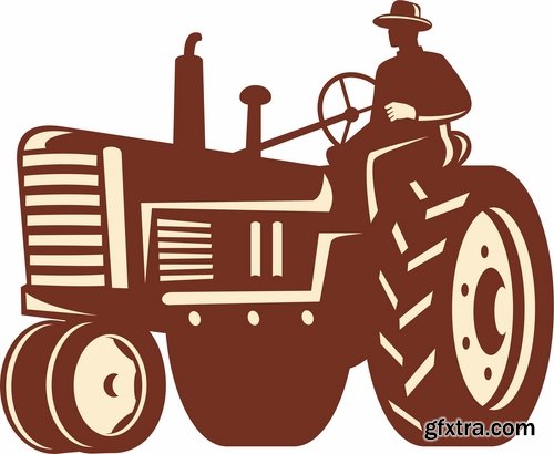 Collection of vector image tractor land cultivation farmer farm field 25 Eps