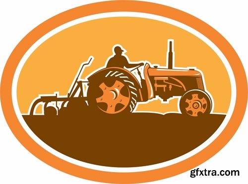 Collection of vector image tractor land cultivation farmer farm field 25 Eps