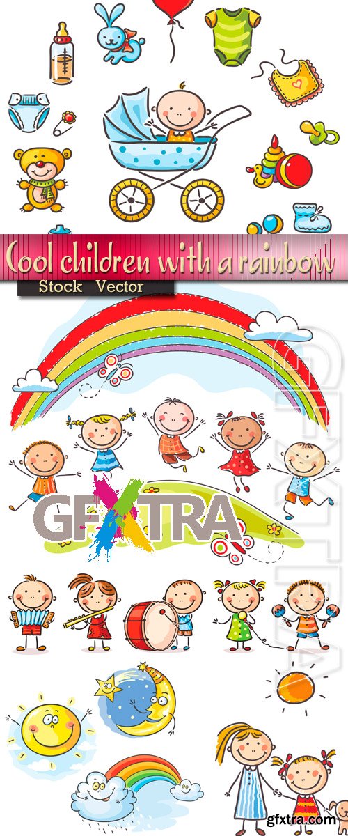 Cool children with a rainbow in Vector