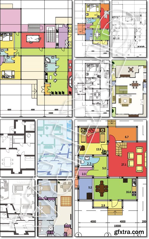 Illustration with flat plans, Architectural drawing of a house, autocad - Vector