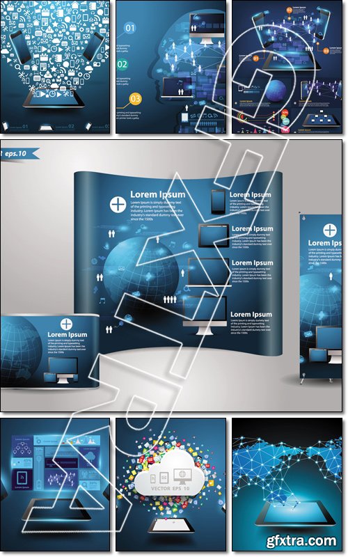 Modern infographics business technology communication, networking information process diagram mobile phones and tablet computer pc connection  - Vector