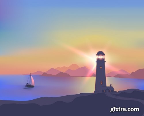 Collection of vector illustration of the different picture lighthouse lantern beam 25 Eps