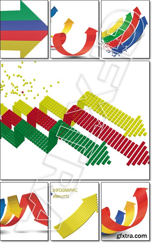 Set of 3d vector bended arrows with perspective pointing to the up right - Vector