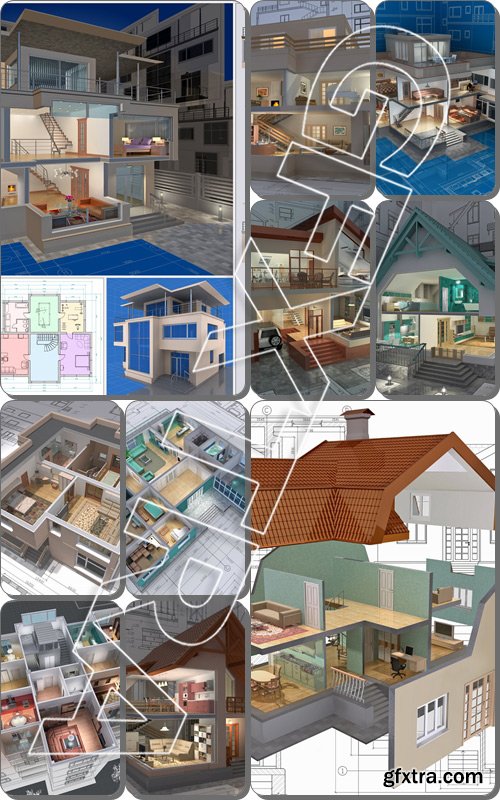 3D isometric view of the cut residential house on architect drawing. Image with clipping path - Stock photo