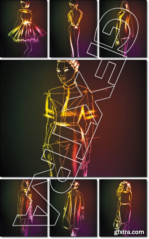 Hand-drawn fashion model from a neon. A light girl's - Vector