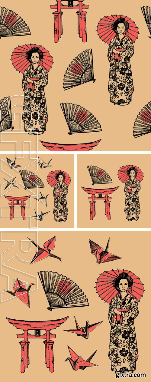 Stock Vectors - Hand drawn set with geisha, paper fan, Japanese gates and paper cranes