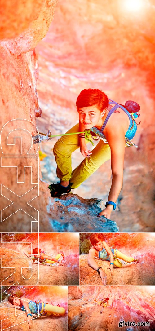 Stock Photos - Female rock climber climbs on a rocky wall. Turkey, Geyikbayiri, Sarkit sector