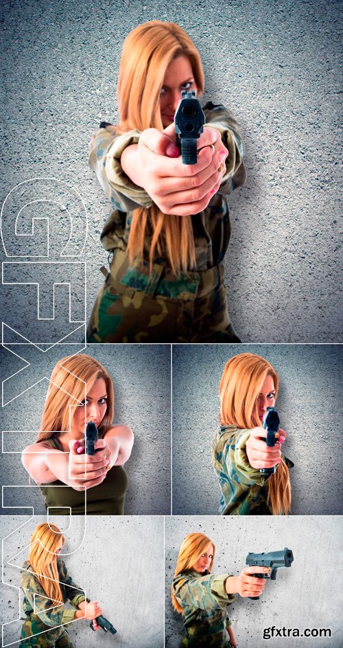 Stock Photos - Military woman aiming a gun over textured background