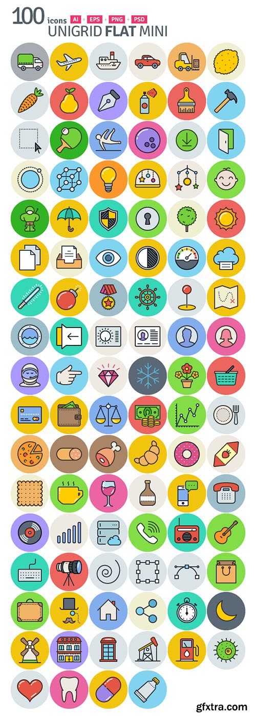 AI, EPS, SVG, PSD, PNG Vector Icons - Unigrid Flat Mini - 100 Icons