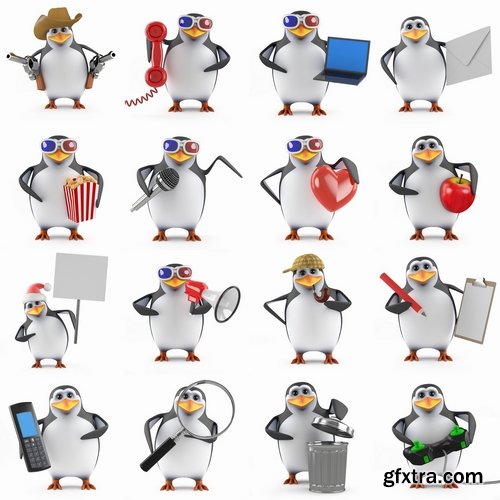 Collection penguins with various objects in flippers smartphone umbrella watches 25 HQ Jpeg