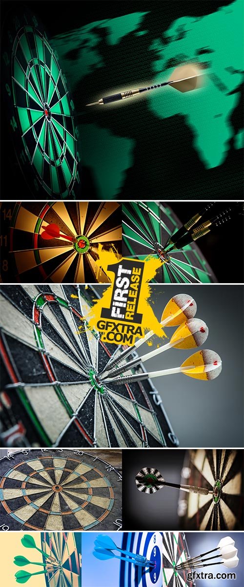 Stock Photos Darts arrows in the target center, Darts hitting a target close-up, Toned images