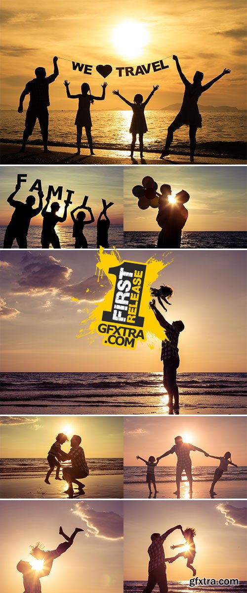 Stock Photos Father and children playing on the beach at the sunset time