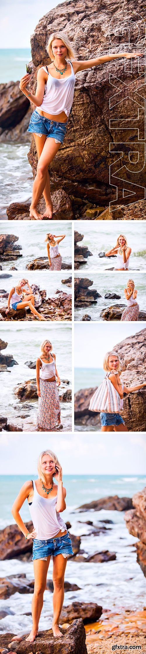 Stock Photos - Beautiful young blonde woman posing outdoor at the rocky sea shore. Trendy fashion female model dressed in white top