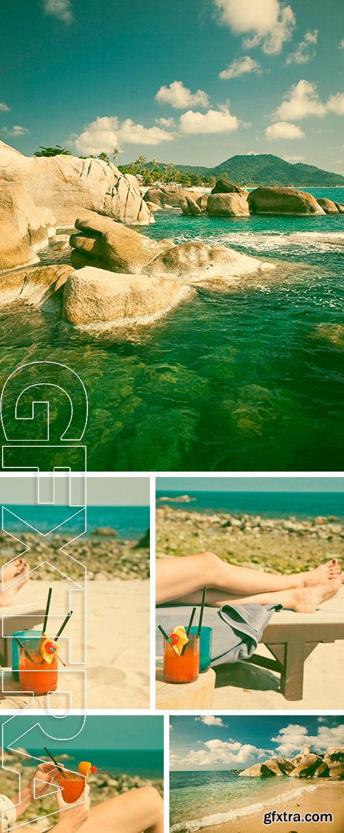 Stock Photos - Beautiful turquoise water and interesting rock formation on Lamai beach, Ko Samui, Thailand - retro style postcard