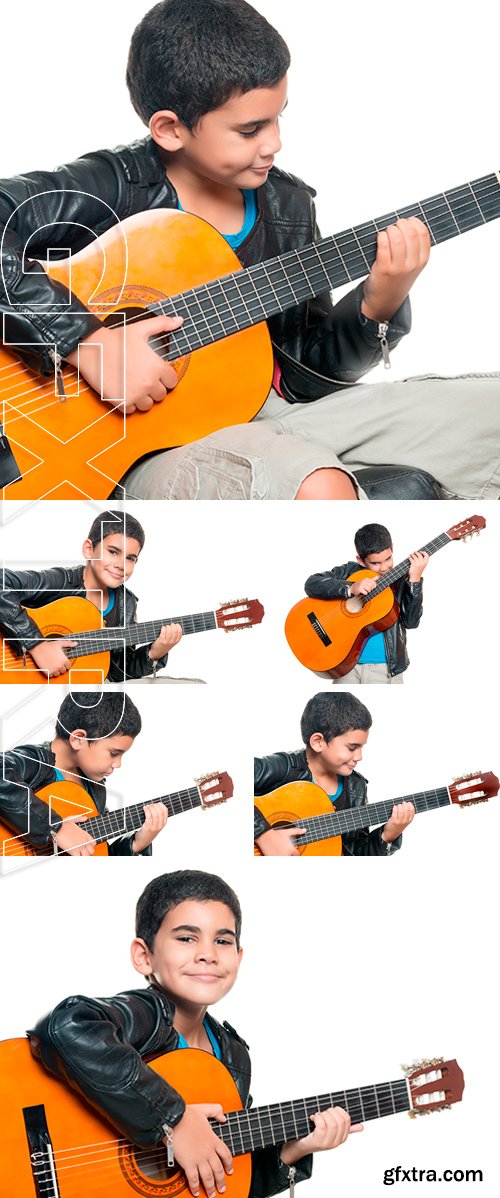 Stock Photos - Cute hispanic boy playing an acoustic guitar isolated on a white background