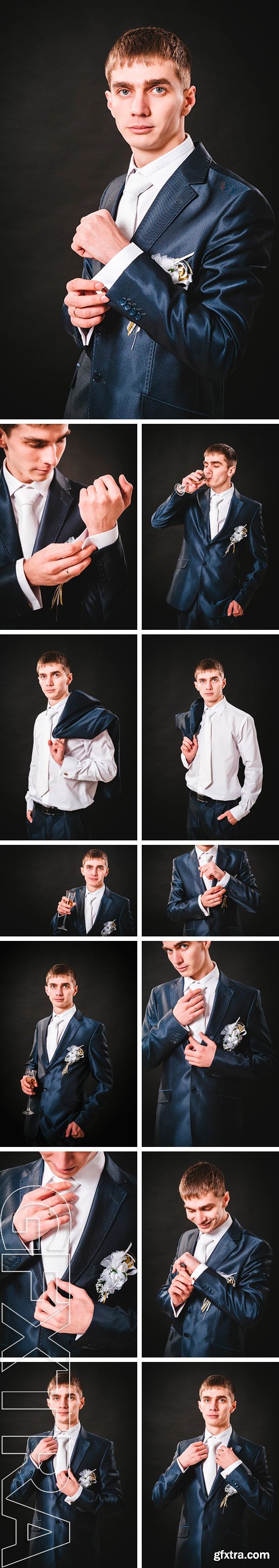 Stock Photos - Hands of wedding groom getting ready in suit. black studio background