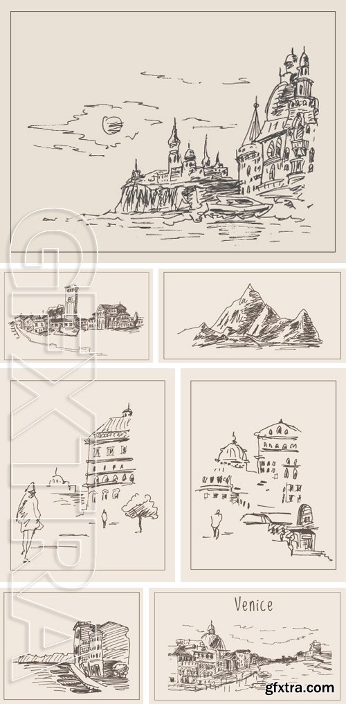 Stock Vectors - European city view landscape with street, in urban sketch hand drawn style, for travel and tourism business design