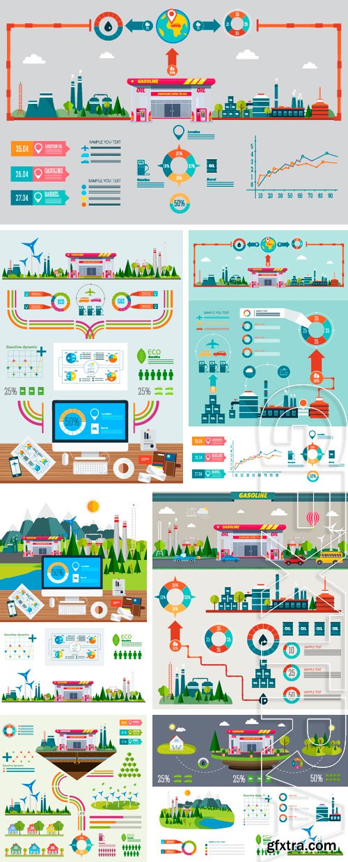 Stock Vectors - Gasoline station infographics with ecology factory, business graphics and technology icons in really life