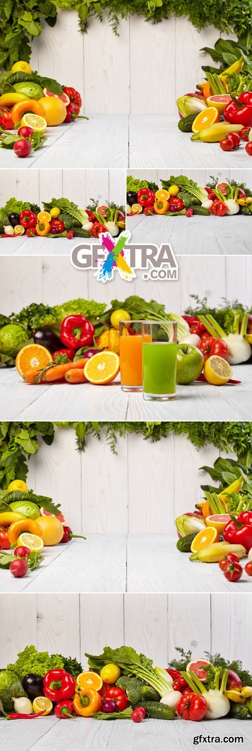 Stock Photo - Fruits & Vegetables on Wooden Background