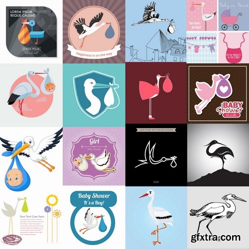 Collection of vector picture stork brings the baby flying bird 25 Eps