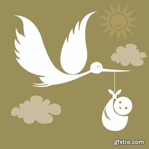 Collection of vector picture stork brings the baby flying bird 25 Eps