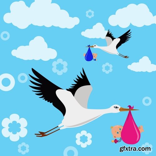 Collection of vector picture stork brings the baby flying bird 25 Eps