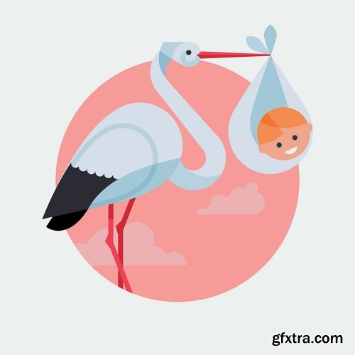 Collection of vector picture stork brings the baby flying bird 25 Eps