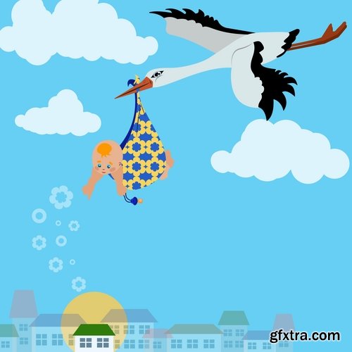 Collection of vector picture stork brings the baby flying bird 25 Eps