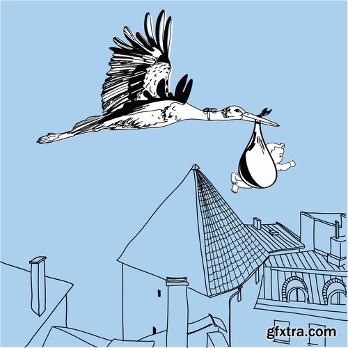 Collection of vector picture stork brings the baby flying bird 25 Eps