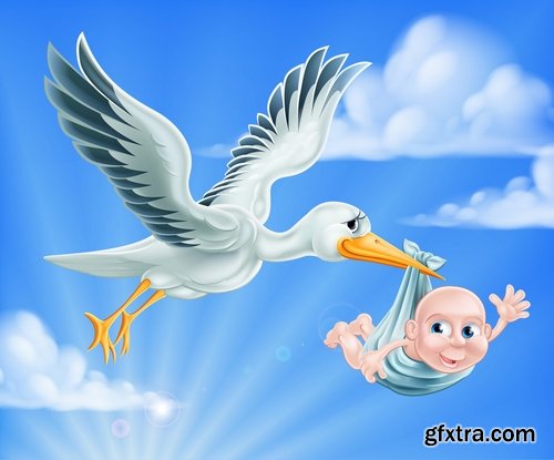 Collection of vector picture stork brings the baby flying bird 25 Eps