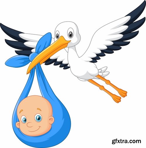 Collection of vector picture stork brings the baby flying bird 25 Eps