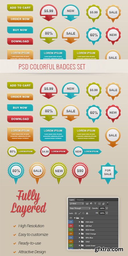 24 Colorful Badges PSD Set