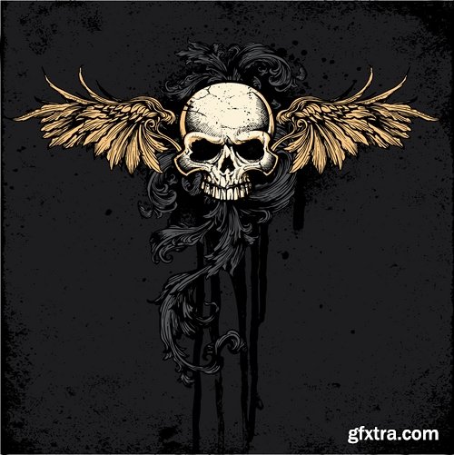 Collection of vector image printing on a T-shirt skull with wings 25 Eps