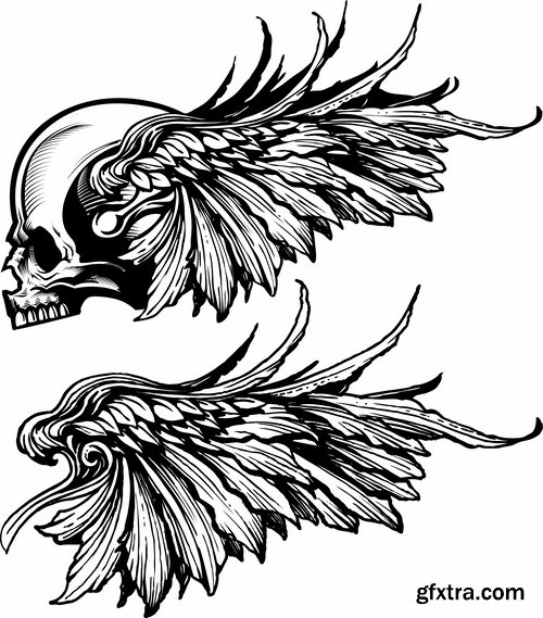 Collection of vector image printing on a T-shirt skull with wings 25 Eps